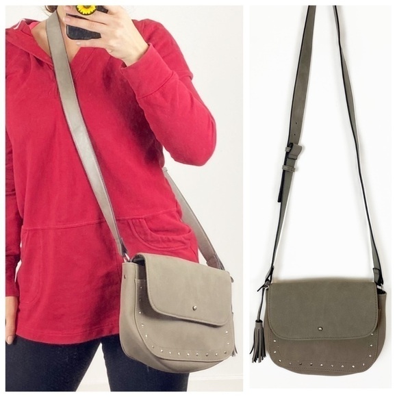 GREY Studded Tassel Saddle Bag Crossbody Bag Faux Leather Suede Feel Boho - Picture 1 of 12